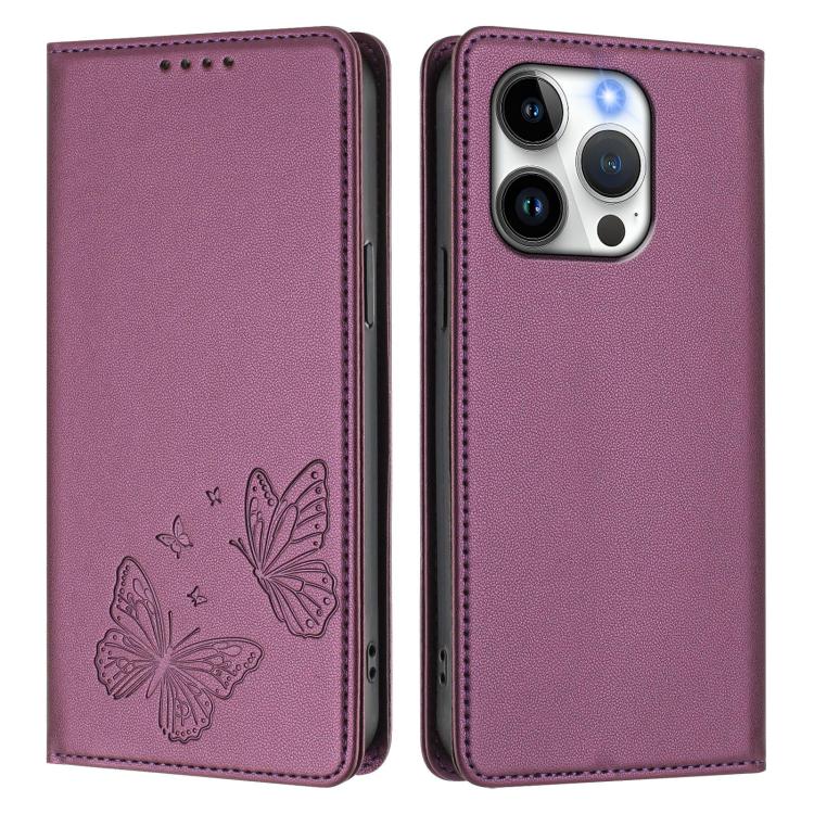 For iPhone 15 Pro Max Strong Magnetic Dual Butterfly RFID Vegan Leather Phone Case