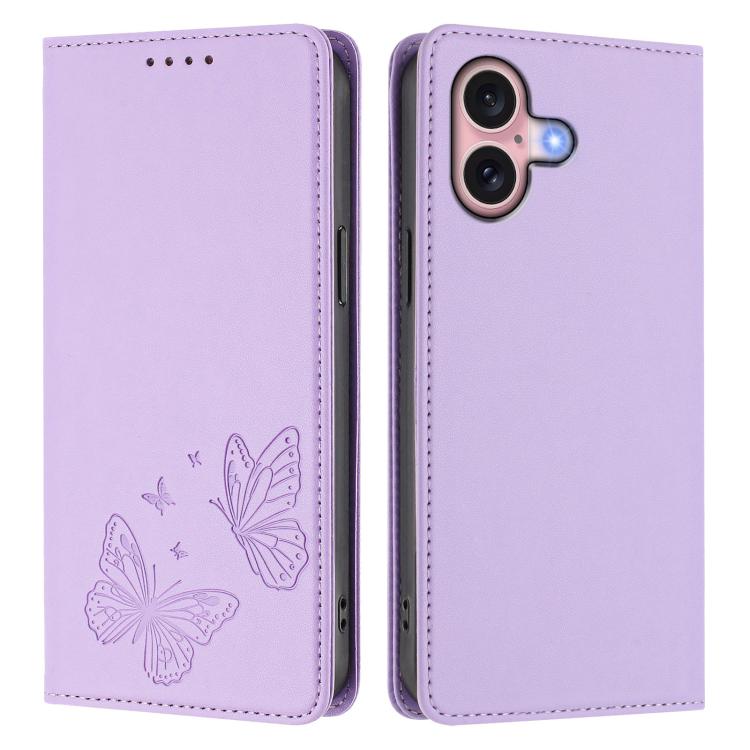 For iPhone 16 Strong Magnetic Dual Butterfly RFID Vegan Leather Phone Case