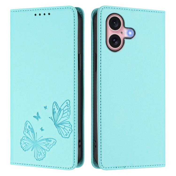 For iPhone 16 Strong Magnetic Dual Butterfly RFID Vegan Leather Phone Case