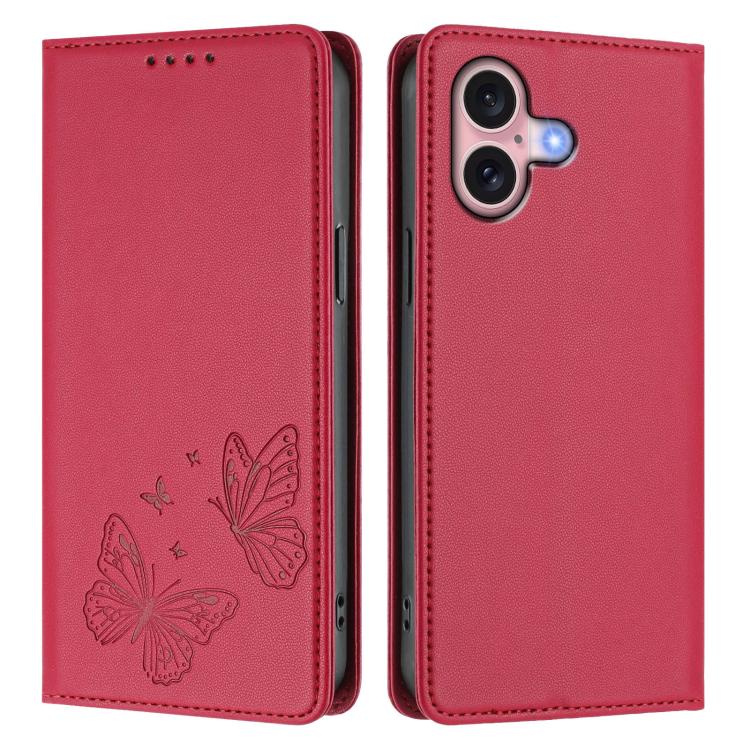 For iPhone 16 Strong Magnetic Dual Butterfly RFID Vegan Leather Phone Case