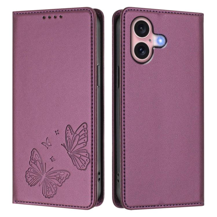 For iPhone 16 Strong Magnetic Dual Butterfly RFID Vegan Leather Phone Case