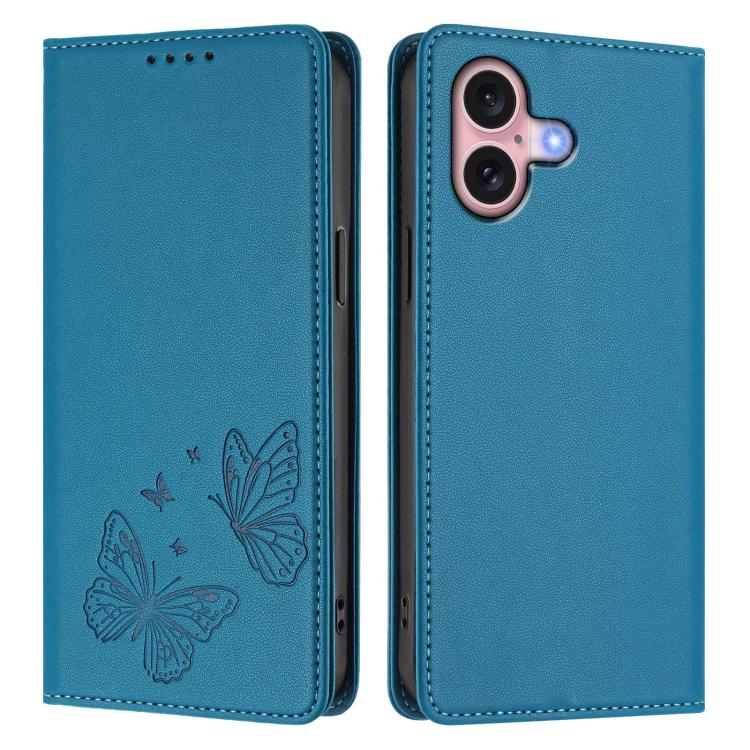 For iPhone 16 Strong Magnetic Dual Butterfly RFID Vegan Leather Phone Case