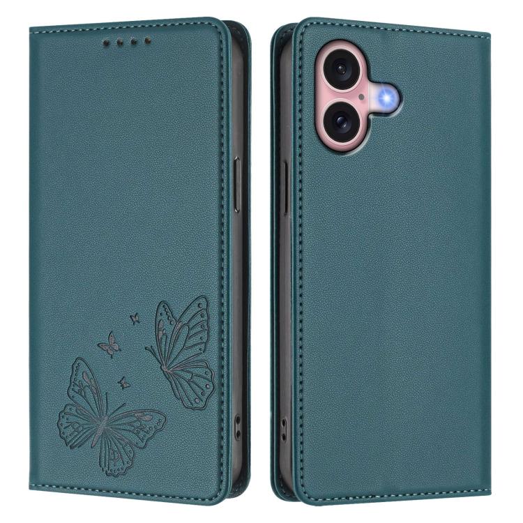 For iPhone 16 Strong Magnetic Dual Butterfly RFID Vegan Leather Phone Case