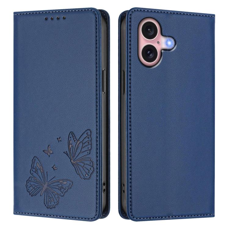 For iPhone 16 Strong Magnetic Dual Butterfly RFID Vegan Leather Phone Case
