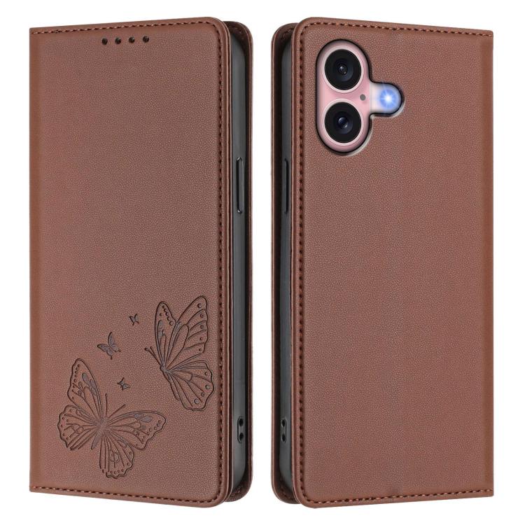 For iPhone 16 Strong Magnetic Dual Butterfly RFID Vegan Leather Phone Case