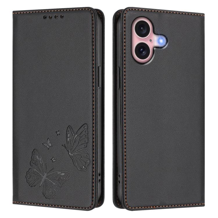 For iPhone 16 Strong Magnetic Dual Butterfly RFID Vegan Leather Phone Case