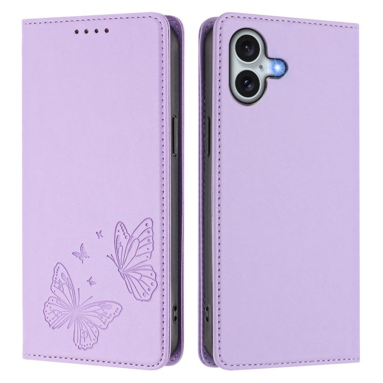 For iPhone 16 Plus Strong Magnetic Dual Butterfly RFID Vegan Leather Phone Case