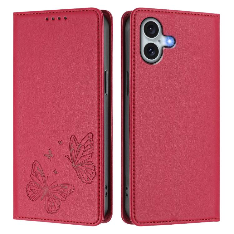 For iPhone 16 Plus Strong Magnetic Dual Butterfly RFID Vegan Leather Phone Case