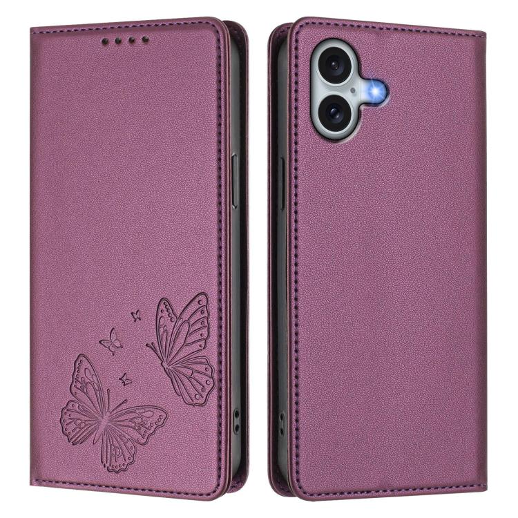 For iPhone 16 Plus Strong Magnetic Dual Butterfly RFID Vegan Leather Phone Case