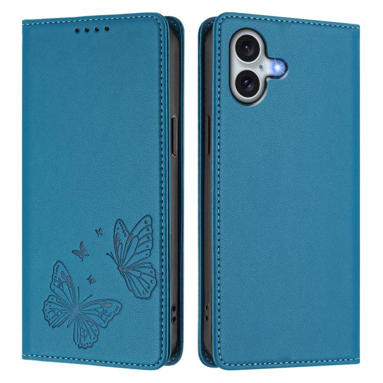 For iPhone 16 Plus Strong Magnetic Dual Butterfly RFID Vegan Leather Phone Case