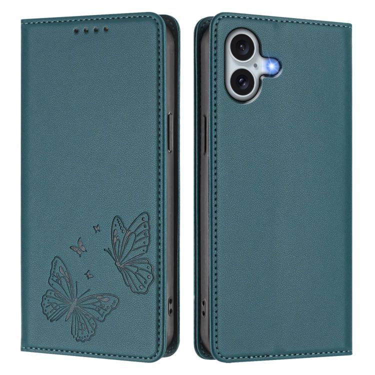 For iPhone 16 Plus Strong Magnetic Dual Butterfly RFID Vegan Leather Phone Case