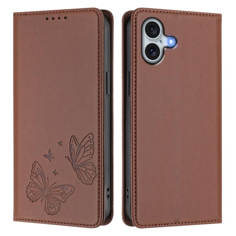 For iPhone 16 Plus Strong Magnetic Dual Butterfly RFID Vegan Leather Phone Case