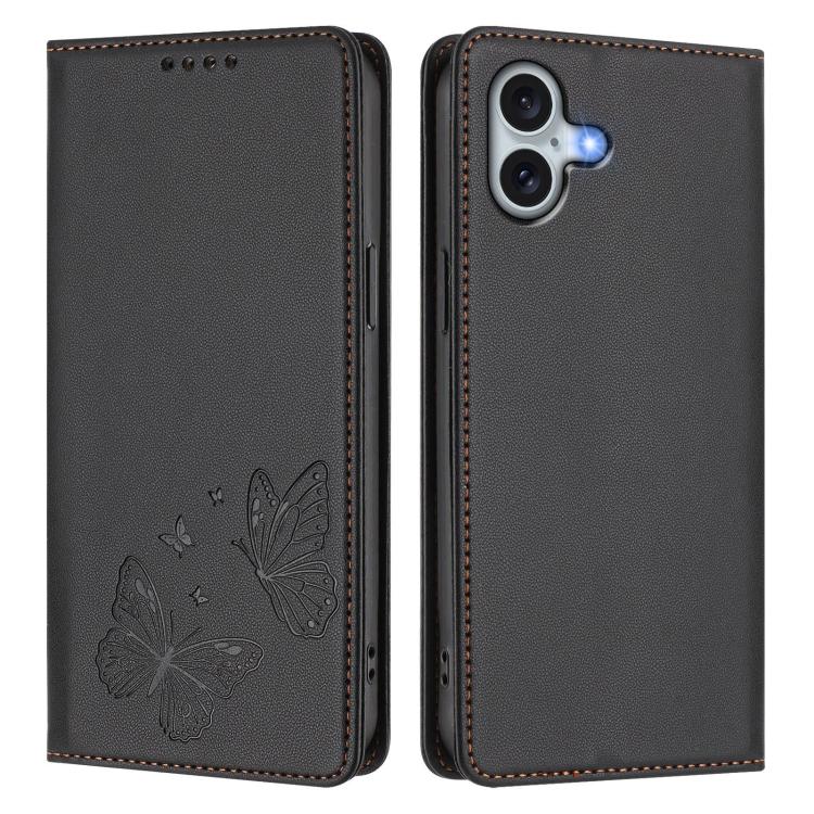 For iPhone 16 Plus Strong Magnetic Dual Butterfly RFID Vegan Leather Phone Case