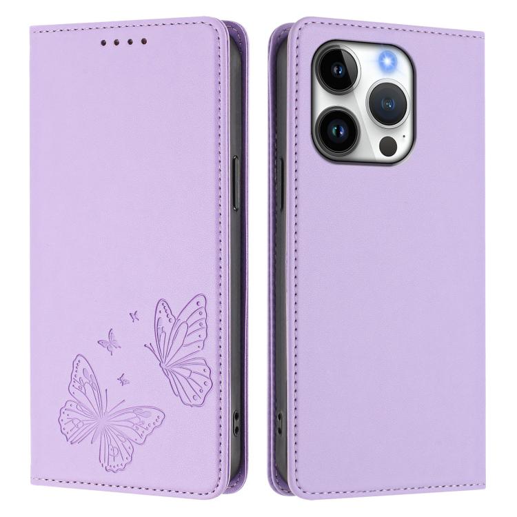 For iPhone 16 Pro Strong Magnetic Dual Butterfly RFID Vegan Leather Phone Case