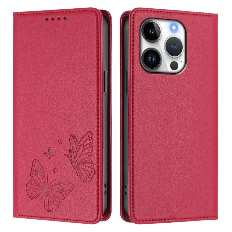 For iPhone 16 Pro Strong Magnetic Dual Butterfly RFID Vegan Leather Phone Case
