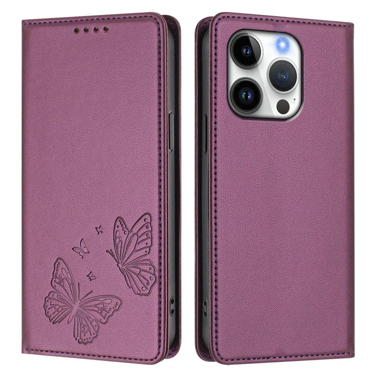 For iPhone 16 Pro Max Strong Magnetic Dual Butterfly RFID Vegan Leather Phone Case