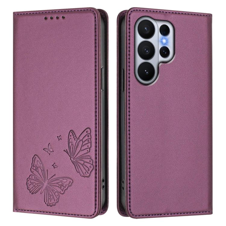For Galaxy S26 Ultra 5G Strong Magnetic Dual Butterfly RFID Vegan Leather Phone Case