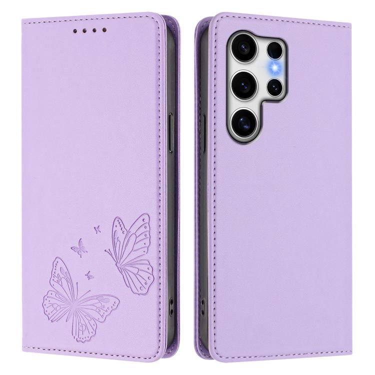 For Galaxy S25 Ultra 5G Strong Magnetic Dual Butterfly RFID Vegan Leather Phone Case