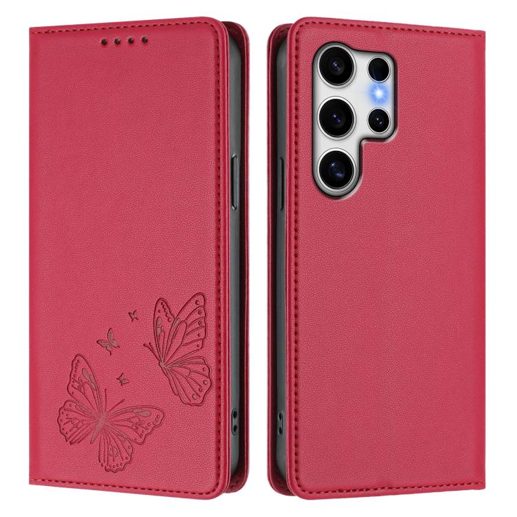 For Galaxy S25 Ultra 5G Strong Magnetic Dual Butterfly RFID Vegan Leather Phone Case