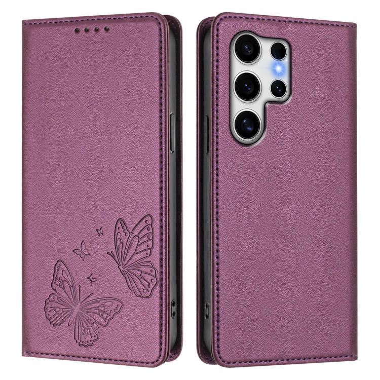 For Galaxy S25 Ultra 5G Strong Magnetic Dual Butterfly RFID Vegan Leather Phone Case