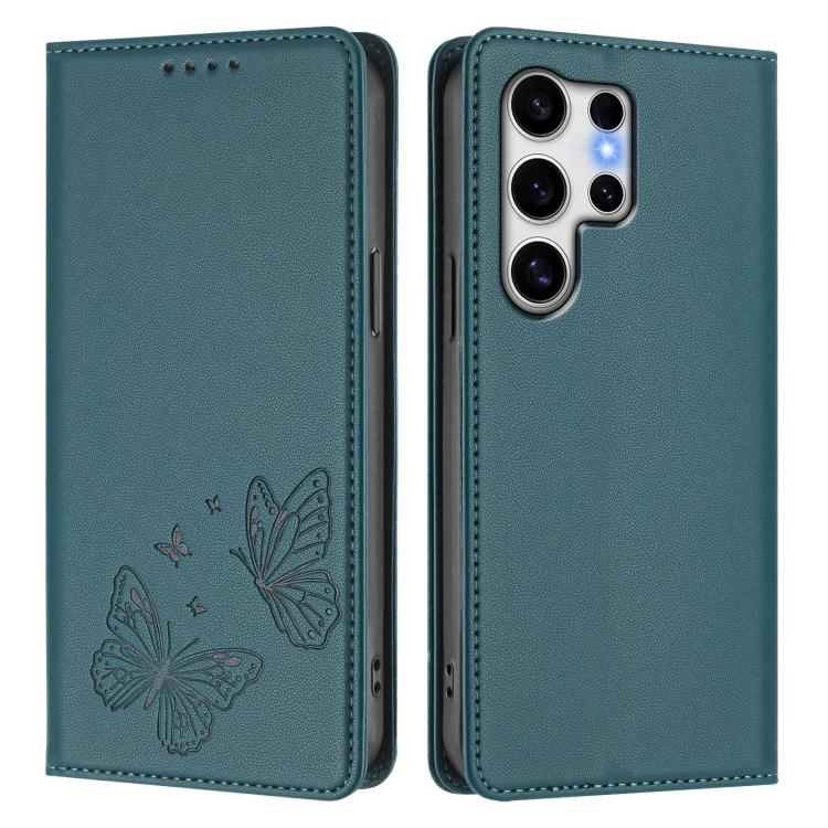 For Galaxy S25 Ultra 5G Strong Magnetic Dual Butterfly RFID Vegan Leather Phone Case