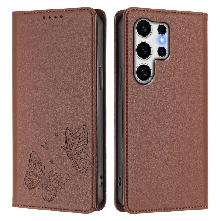 For Galaxy S25 Ultra 5G Strong Magnetic Dual Butterfly RFID Vegan Leather Phone Case
