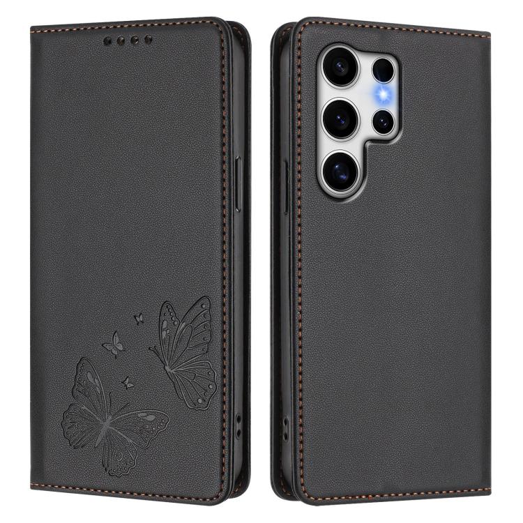 For Galaxy S25 Ultra 5G Strong Magnetic Dual Butterfly RFID Vegan Leather Phone Case