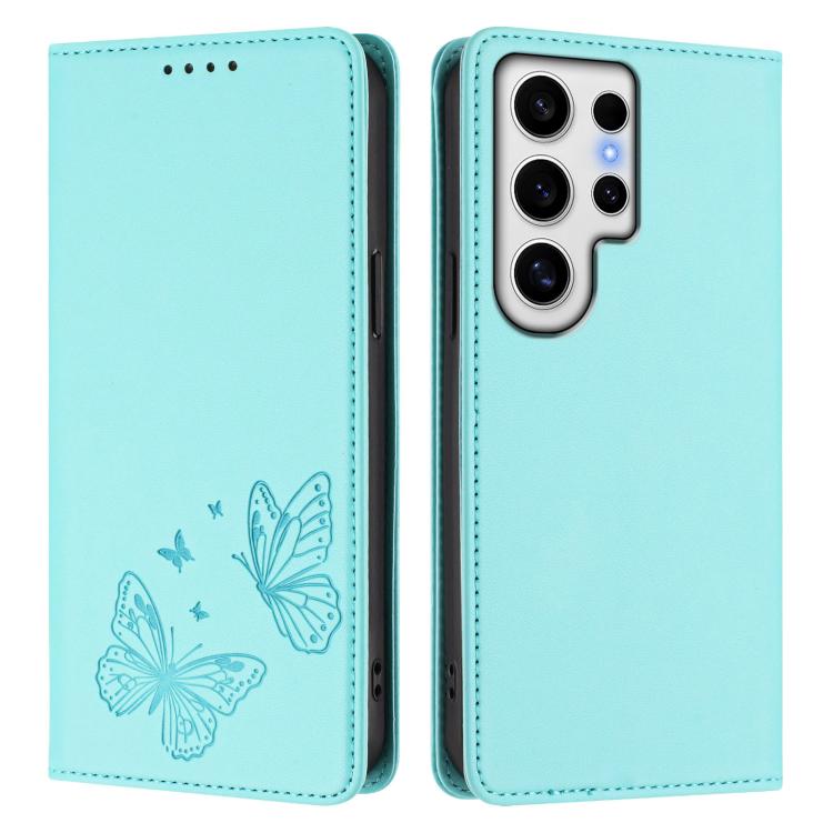 For Galaxy S24 Ultra 5G Strong Magnetic Dual Butterfly RFID Vegan Leather Phone Case