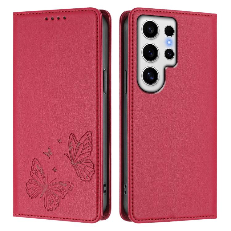 For Galaxy S24 Ultra 5G Strong Magnetic Dual Butterfly RFID Vegan Leather Phone Case