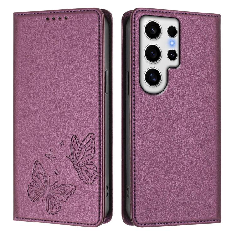 For Galaxy S24 Ultra 5G Strong Magnetic Dual Butterfly RFID Vegan Leather Phone Case