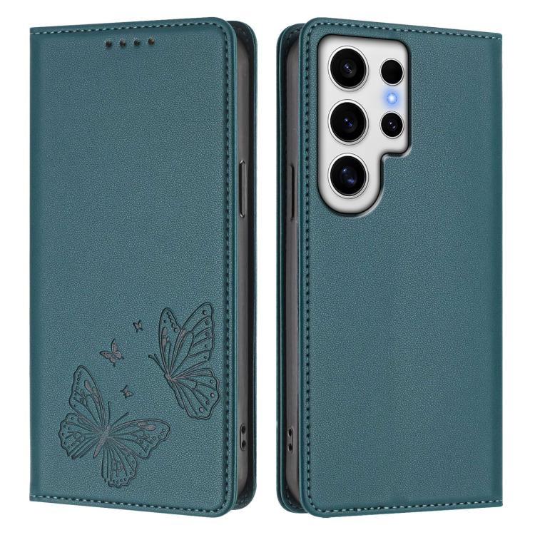 For Galaxy S24 Ultra 5G Strong Magnetic Dual Butterfly RFID Vegan Leather Phone Case