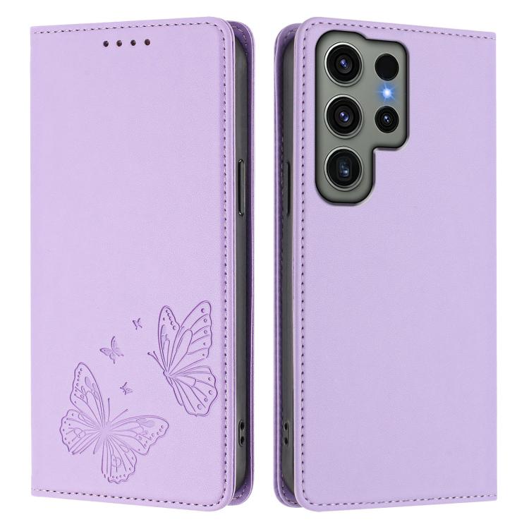 For Galaxy S23 Ultra 5G Strong Magnetic Dual Butterfly RFID Vegan Leather Phone Case