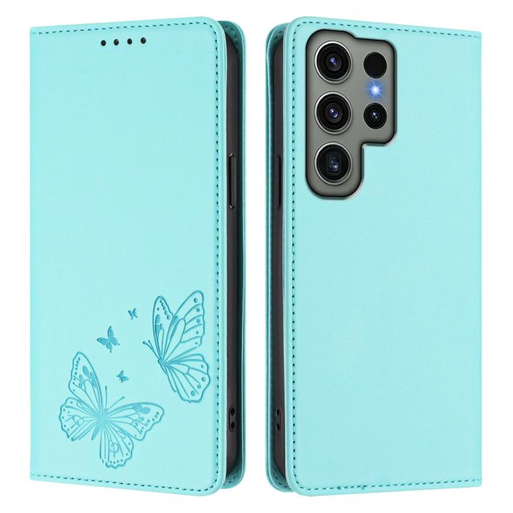 For Galaxy S23 Ultra 5G Strong Magnetic Dual Butterfly RFID Vegan Leather Phone Case