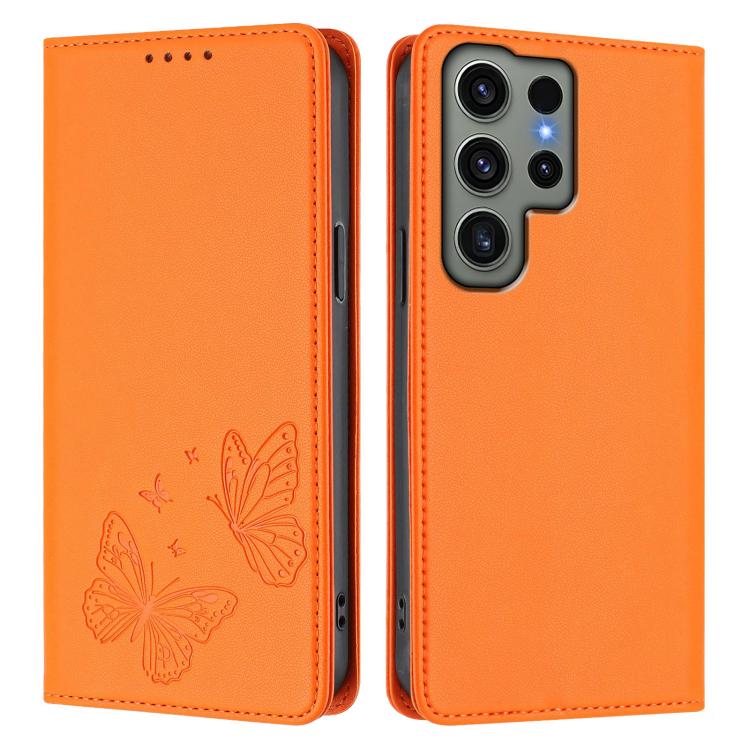 For Galaxy S23 Ultra 5G Strong Magnetic Dual Butterfly RFID Vegan Leather Phone Case