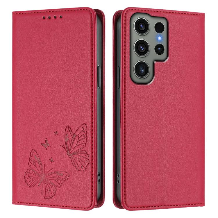 For Galaxy S23 Ultra 5G Strong Magnetic Dual Butterfly RFID Vegan Leather Phone Case