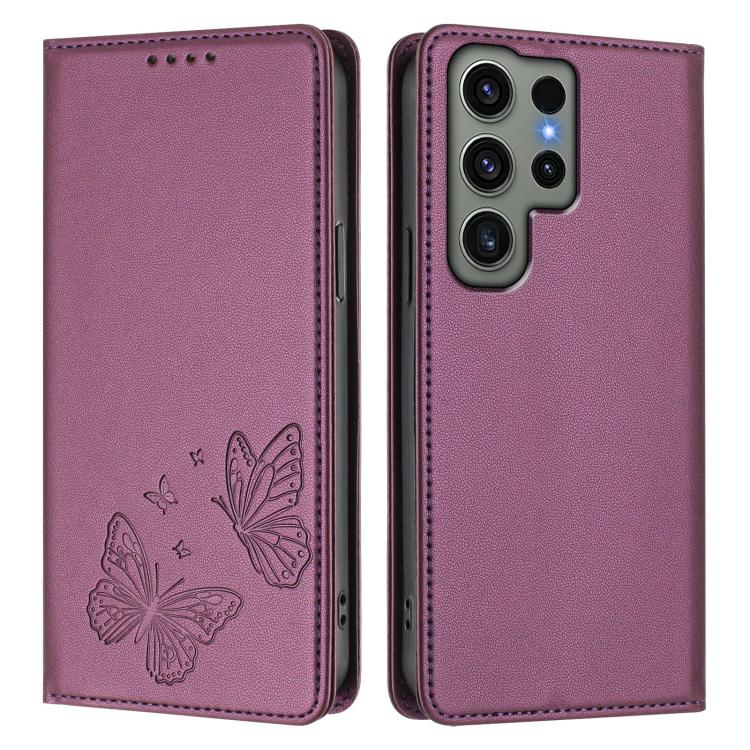 For Galaxy S23 Ultra 5G Strong Magnetic Dual Butterfly RFID Vegan Leather Phone Case