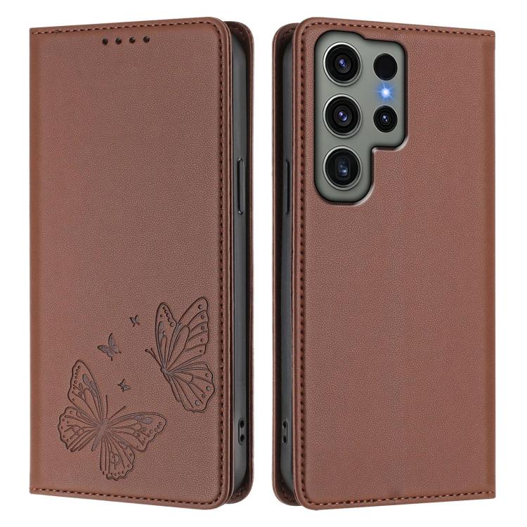 For Galaxy S23 Ultra 5G Strong Magnetic Dual Butterfly RFID Vegan Leather Phone Case