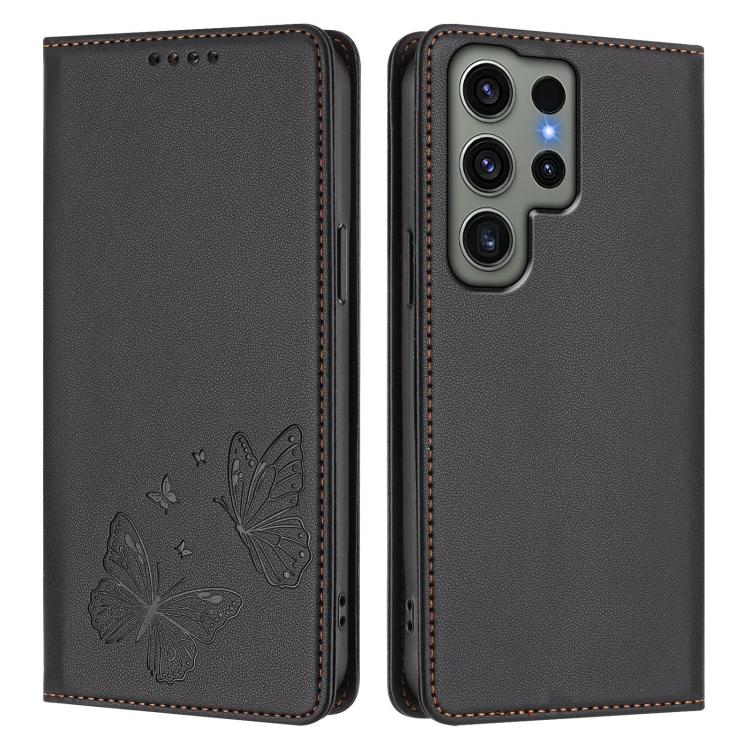 For Galaxy S23 Ultra 5G Strong Magnetic Dual Butterfly RFID Vegan Leather Phone Case