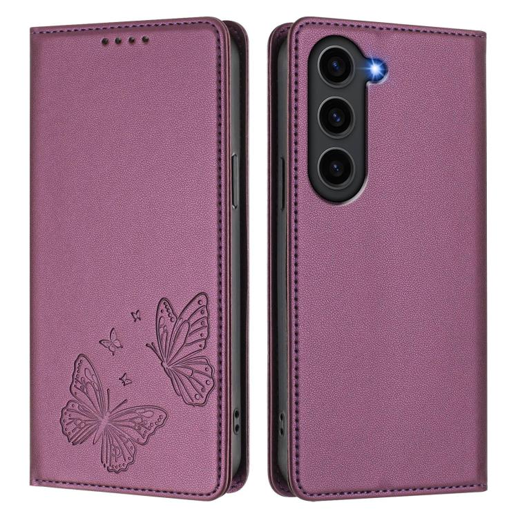 For Galaxy S23 5G Strong Magnetic Dual Butterfly RFID Vegan Leather Phone Case