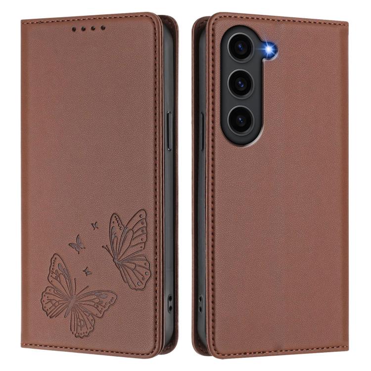 For Galaxy S23 5G Strong Magnetic Dual Butterfly RFID Vegan Leather Phone Case