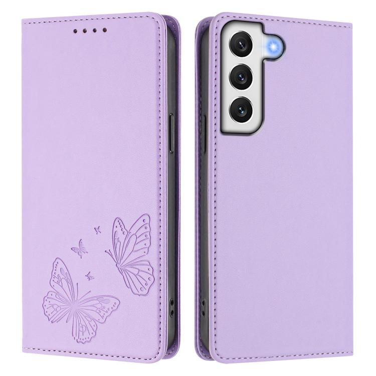 For Galaxy S22+ 5G Strong Magnetic Dual Butterfly RFID Vegan Leather Phone Case
