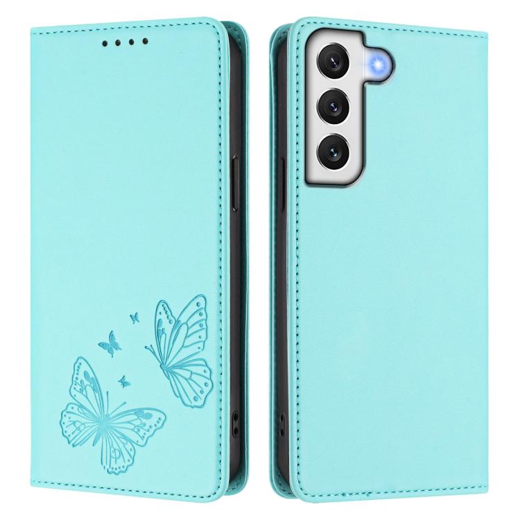 For Galaxy S22+ 5G Strong Magnetic Dual Butterfly RFID Vegan Leather Phone Case
