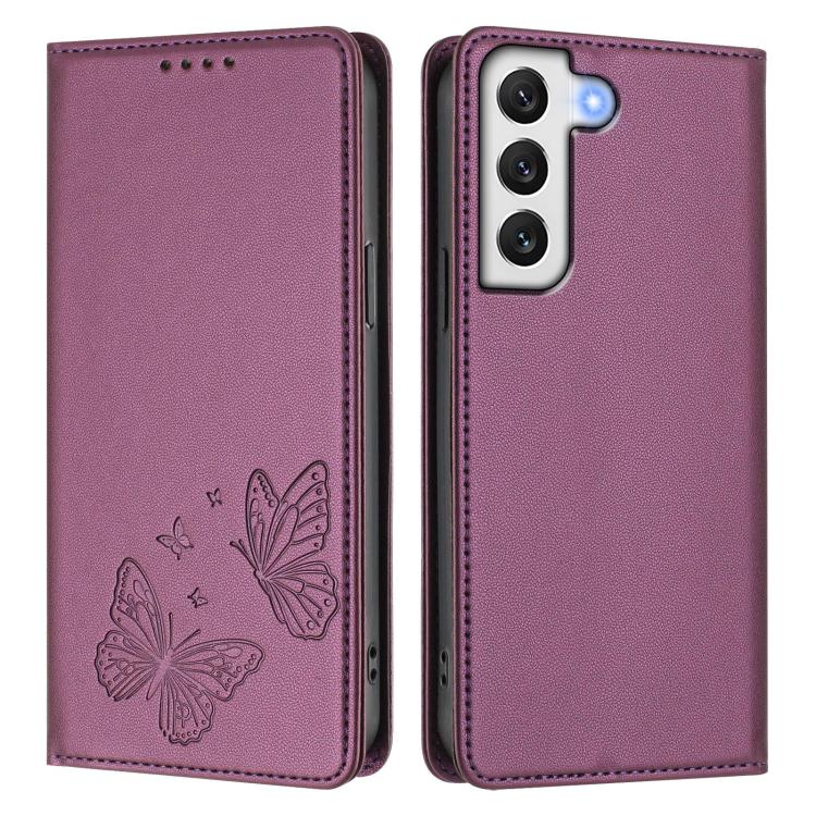 For Galaxy S22+ 5G Strong Magnetic Dual Butterfly RFID Vegan Leather Phone Case