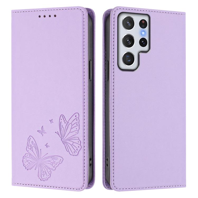 For Galaxy S22 Ultra 5G Strong Magnetic Dual Butterfly RFID Vegan Leather Phone Case