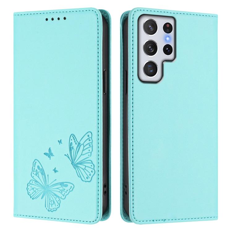 For Galaxy S22 Ultra 5G Strong Magnetic Dual Butterfly RFID Vegan Leather Phone Case