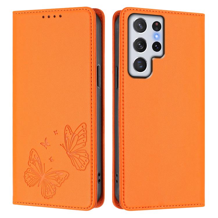 For Galaxy S22 Ultra 5G Strong Magnetic Dual Butterfly RFID Vegan Leather Phone Case