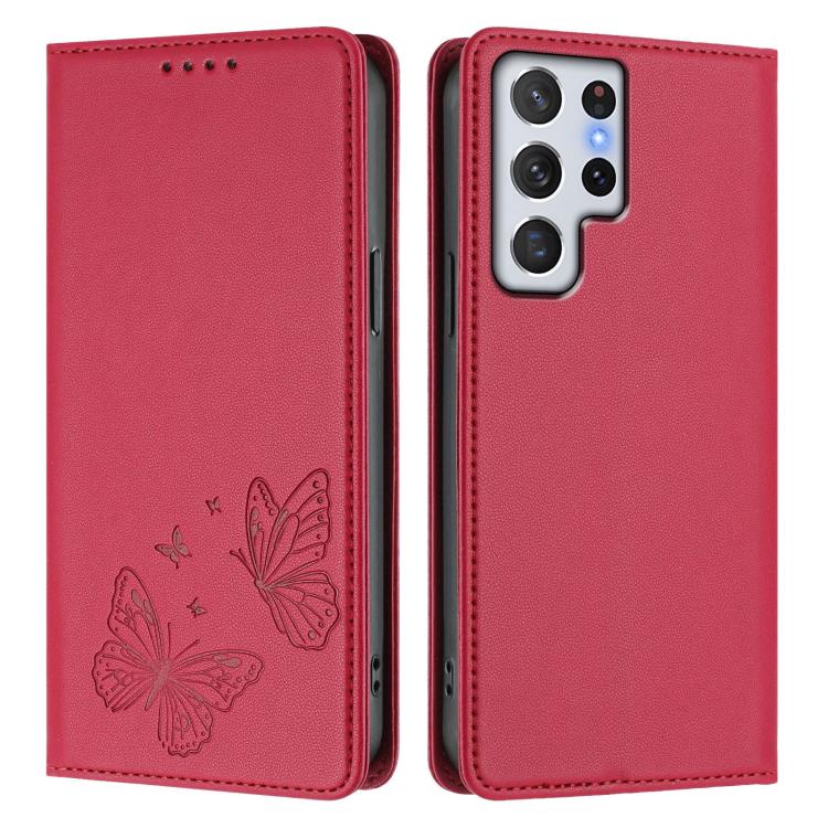 For Galaxy S22 Ultra 5G Strong Magnetic Dual Butterfly RFID Vegan Leather Phone Case