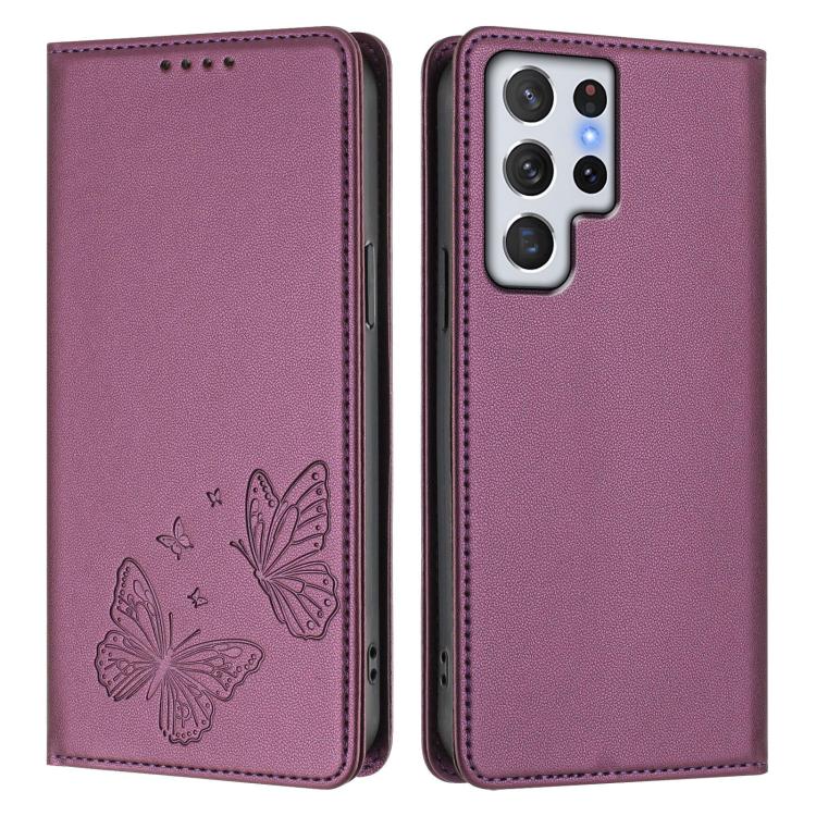 For Galaxy S22 Ultra 5G Strong Magnetic Dual Butterfly RFID Vegan Leather Phone Case