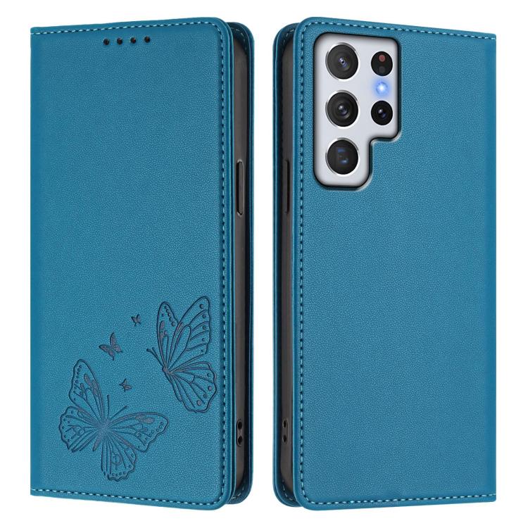 For Galaxy S22 Ultra 5G Strong Magnetic Dual Butterfly RFID Vegan Leather Phone Case