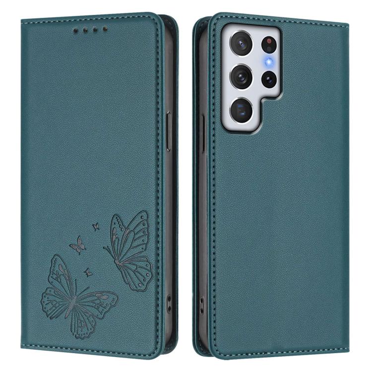 For Galaxy S22 Ultra 5G Strong Magnetic Dual Butterfly RFID Vegan Leather Phone Case